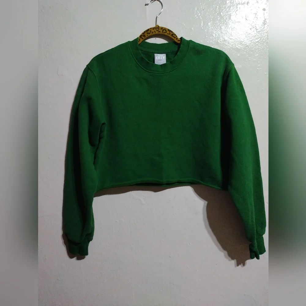 TNA Aritzia Cozy Perfect Fleece Cropped Sweatshirt Green Small S Cotton Blend